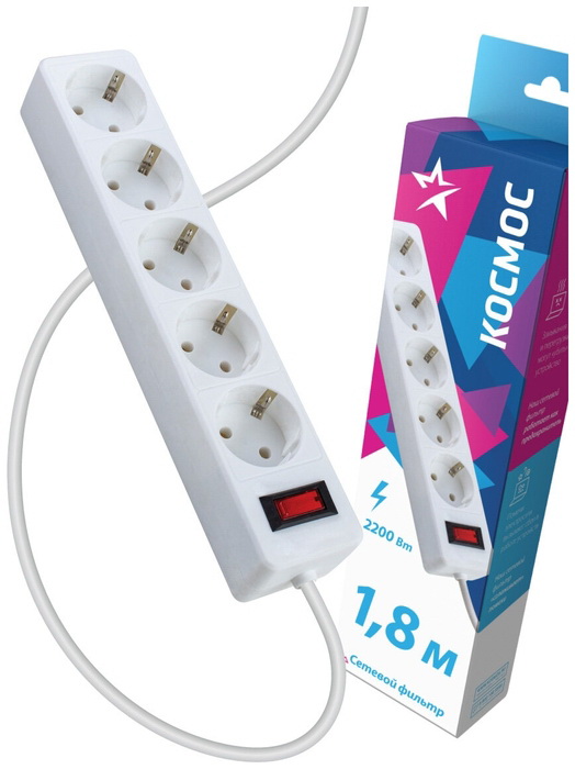 Сетевой фильтр 1,8м. 5роз. ПВС 3*0,75 (черный) "Космос"