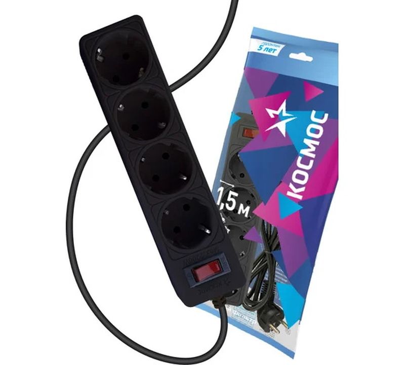 Сетевой фильтр 1,5м. 4роз. ПВС 3*0,75 (черный) "Космос"