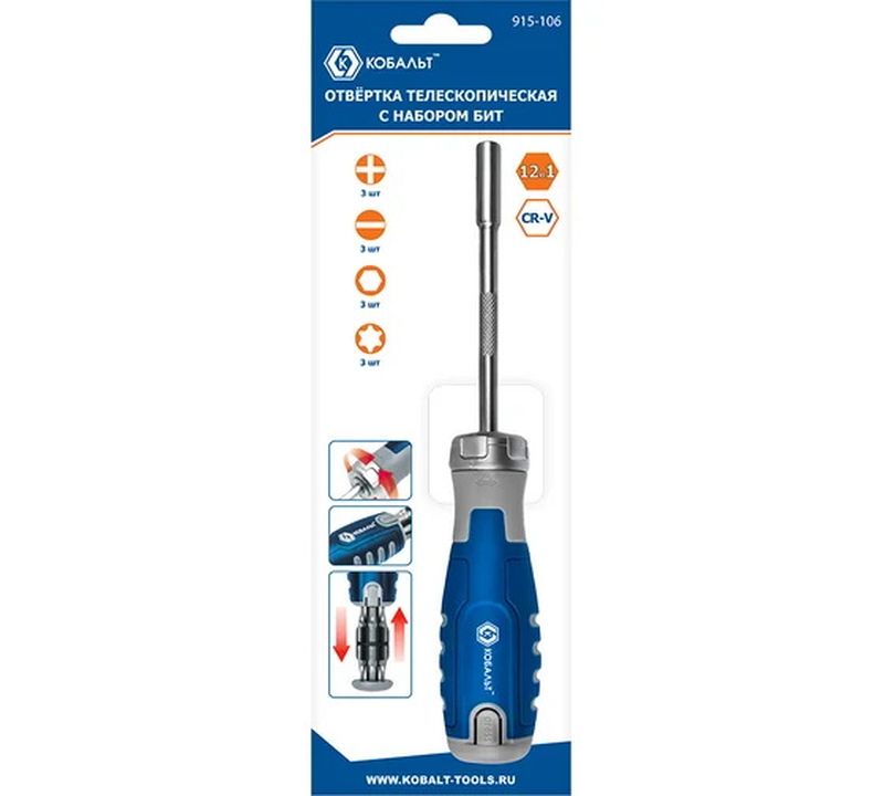 Отвертка реверсивная 915-106 КОБАЛЬТ, +набор бит CR-V (12шт.), блистер