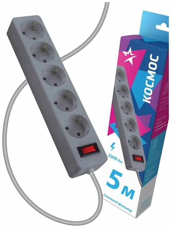 Сетевой фильтр 5м. 5роз. ПВС 3*0,75 (серый) "Космос"