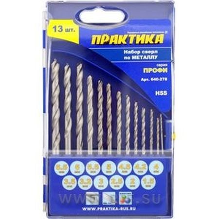 Набор сверл по металлу ПРАКТИКА 640-278 "Профи" (13шт: 1,5-6,5+3,2, 4,2мм) ПРО кассета Набор сверл по металлу ПРАКТИКА 640-278 "Профи" (13шт: 1,5-6,5+3,2, 4,2мм) ПРО кассета