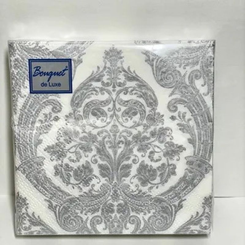 Салфетки бумажные 3сл. Bouguet Люкс 25662/37242/44364 (24*24см.) 25шт. "Роял серебро на белом" РБ