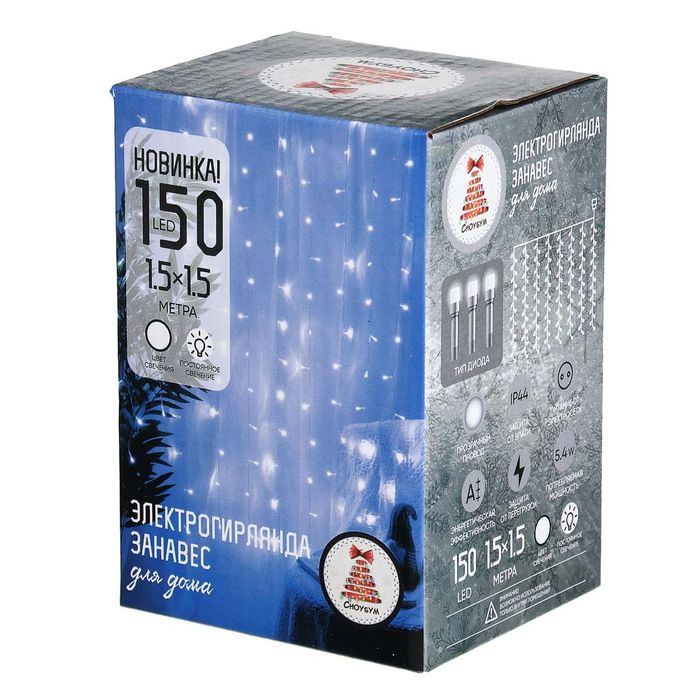 Гирлянда эл. занавес 1,5*1,5м. 382-077 150LED, 10 нитей, белый, СНОУ БУМ