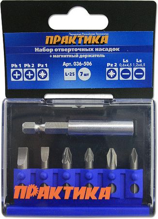 Набор бит ПРАКТИКА 036-506 "Профи" (7шт.) ,магнитный держатель, кассета Набор бит ПРАКТИКА 036-506 "Профи" (7шт.) ,магнитный держатель, кассета