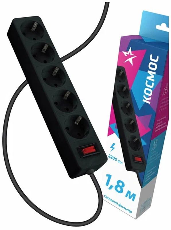 Сетевой фильтр 1,8м. 5роз. ПВС 3*0,75 (серый) "Космос"