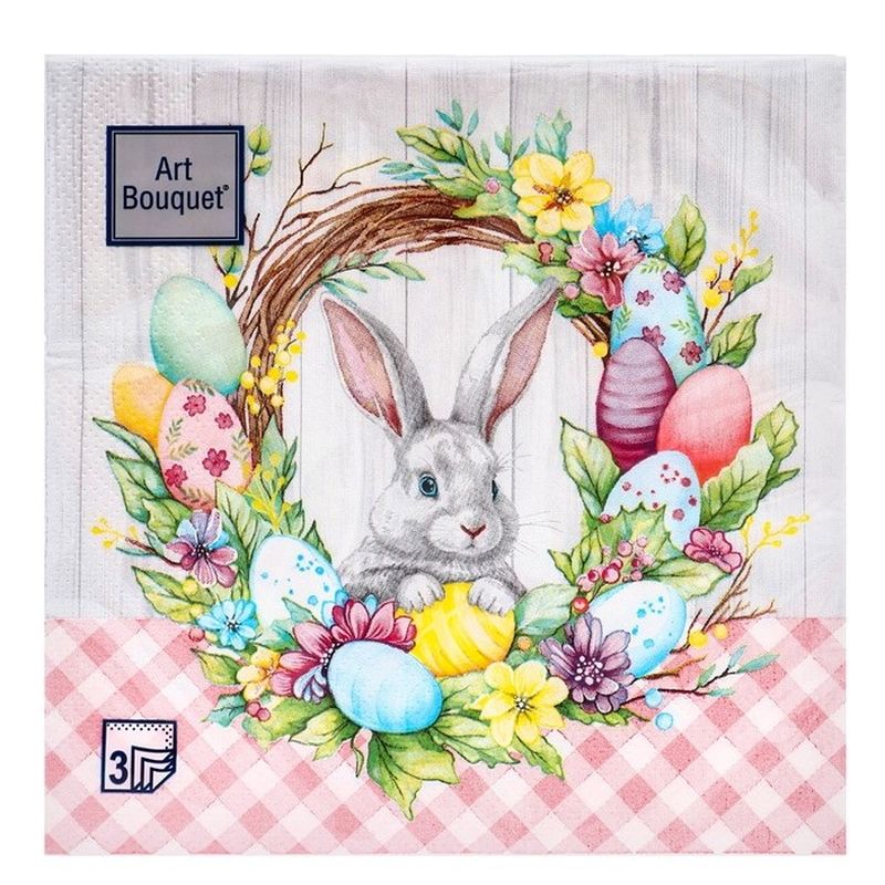 Салфетки бумажные 3сл. Bouguet 45057 (33*33см.) 20шт. ПАСХА "Пасхальный венок с кроликом" РБ