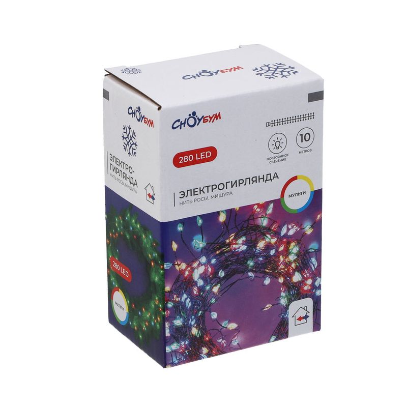 Гирлянда эл. нить 10,0м. 384-183 НИТЬ РОСЫ мишура, 280LED, мульти, зеленый цвет СНОУ БУМ